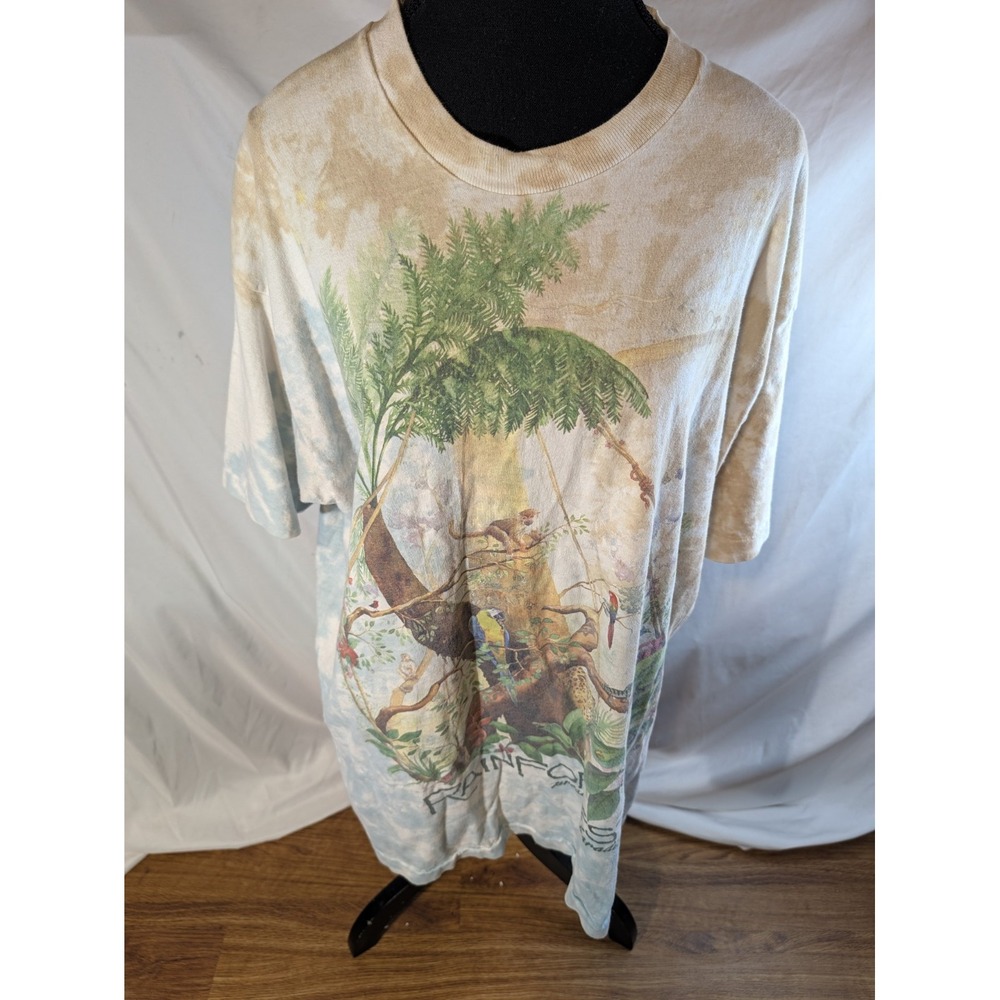 Vintage 1991 Rainforest Preserve Liquid Blue Paradise Tie Dye T Shirt Mens XXL